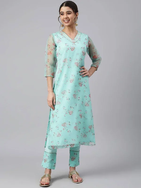 Sea Green Organza Floral Print Kurta with Pant