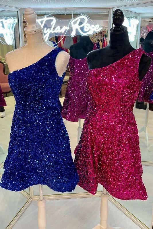 Sequin One-Shoulder A-Line Short Cocktail Gown