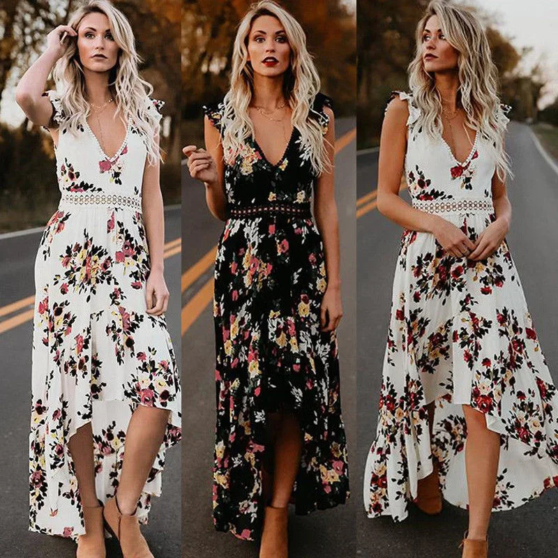 Sexy deep V neck backless summer dress Women floral print bohemian maxi dress Hollow out irregular long dress vestidos