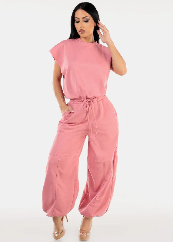 Short Sleeve Drawstring Waist Jumpsuit Pink