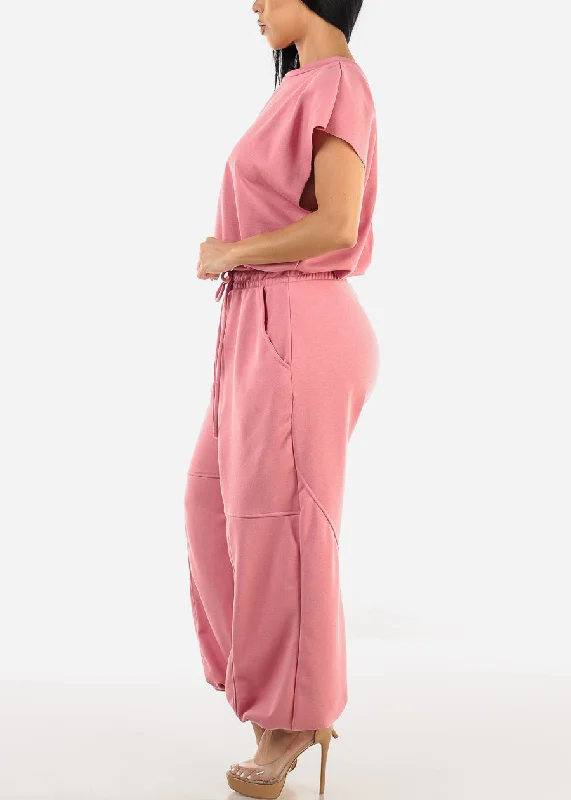 short-sleeve-drawstring-waist-jumpsuit-pink-sj2139ltpnk