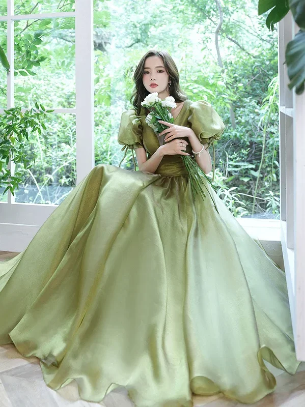 Simple Green V Neck Tulle Long Prom Dress, Green Evening Dresses