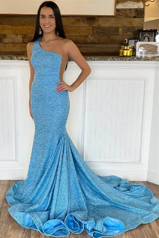 Sky Blue Mermaid One Shoulder Long Prom Dress