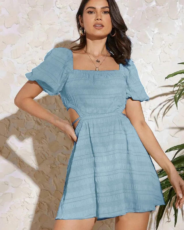 Solid Color Open Back Waist Puff Sleeve Short Dress In Light Blue