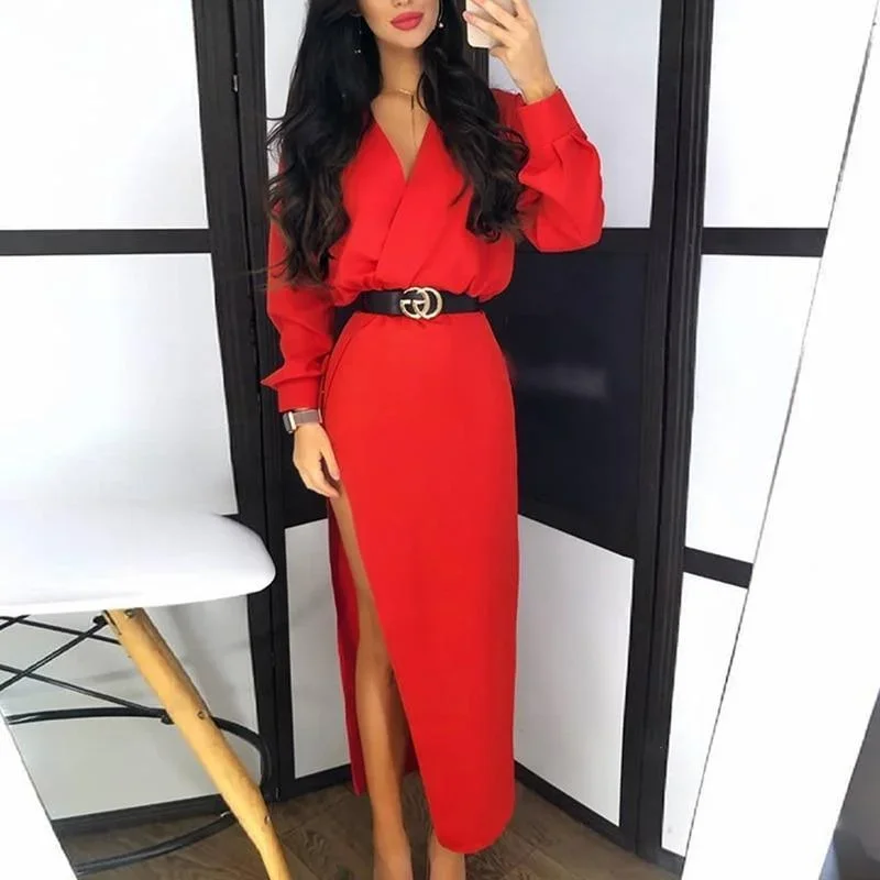 FashionSierra - Solid Long Sleeve Slit Maxi Dress Women V Neck Red Black White Long Dress Casual Loose Spring Plunge Dresses Robe Femme