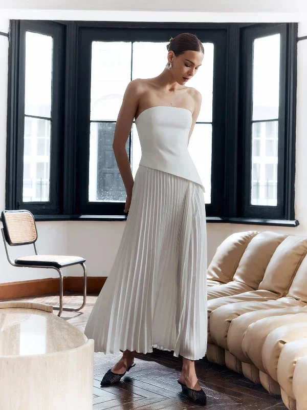 solid-pleated-strapless-split-dress