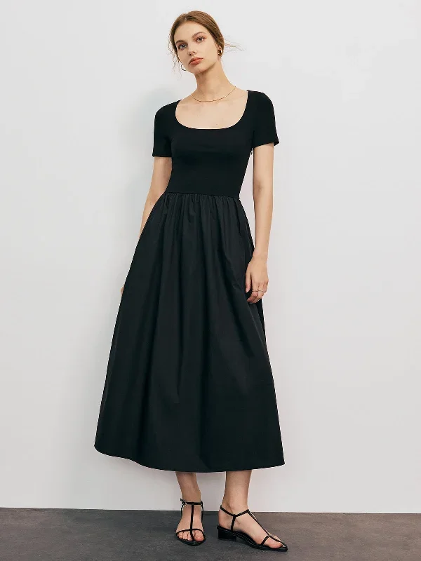 Solid Round Neck Pleated Midi Dress