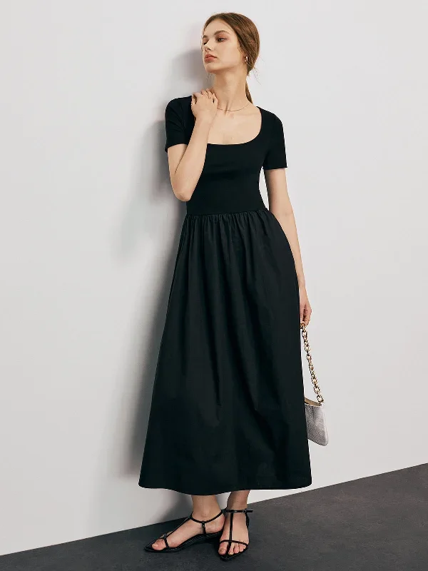 solid-round-neck-pleated-midi-dress