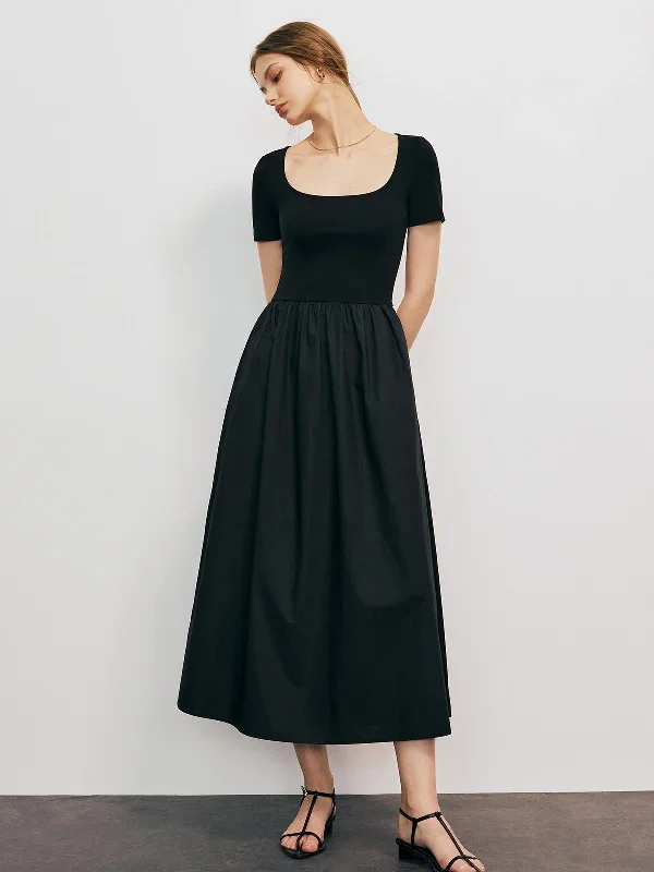 solid-round-neck-pleated-midi-dress