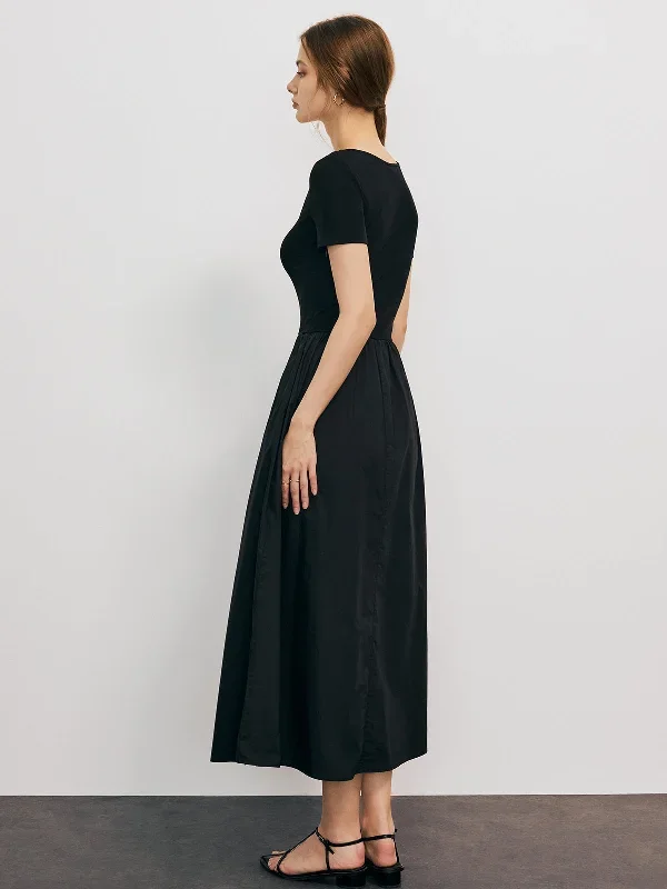 solid-round-neck-pleated-midi-dress