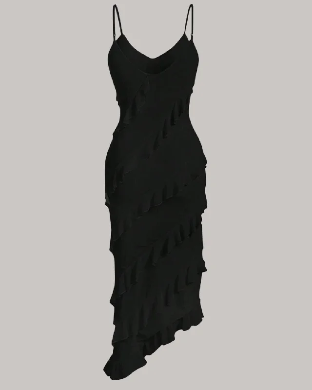 spaghetti-strap-ruffle-trim-asymmetrical-black-cami-dress