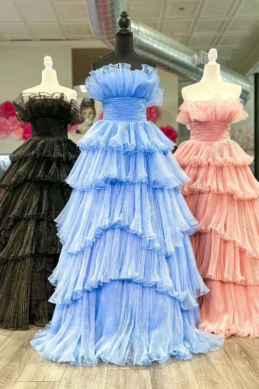 Strapless Banded Waist Tiered Long Prom Gown with Ruffles