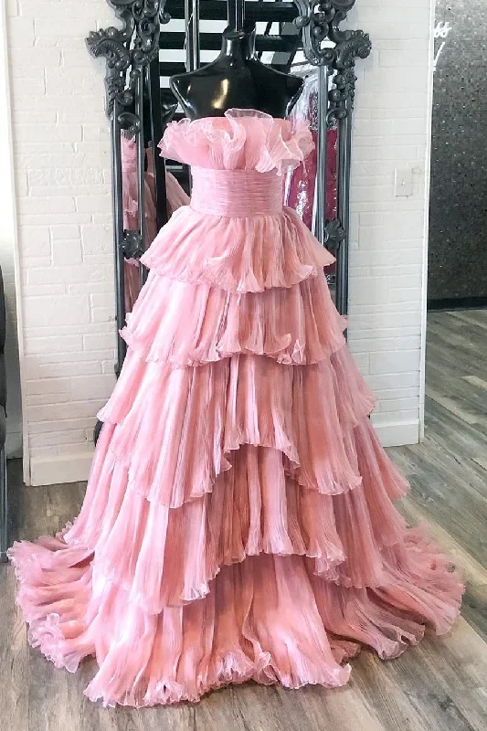 strapless-banded-waist-tiered-long-prom-gown-with-ruffles