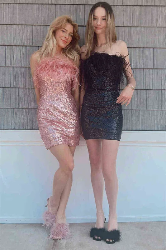 strapless-rose-gold-tight-homecoming-dress-with-feather