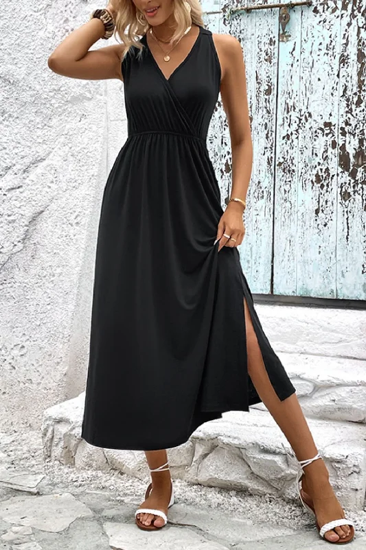 surplice-neck-slit-sleeveless-dress