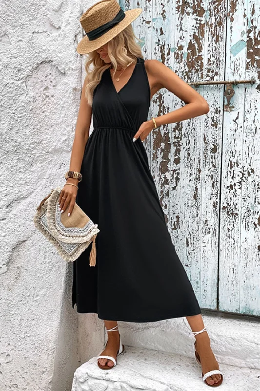 surplice-neck-slit-sleeveless-dress