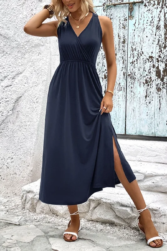 surplice-neck-slit-sleeveless-dress