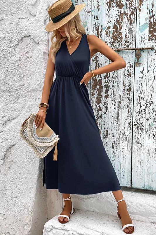 surplice-neck-slit-sleeveless-dress