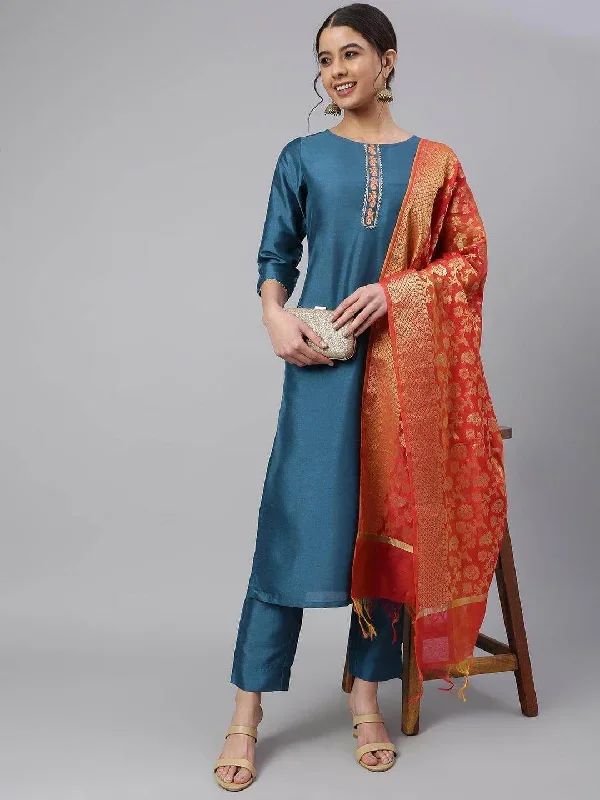 Teal Poly Silk Embellished Kurta with Pant and Dupatta