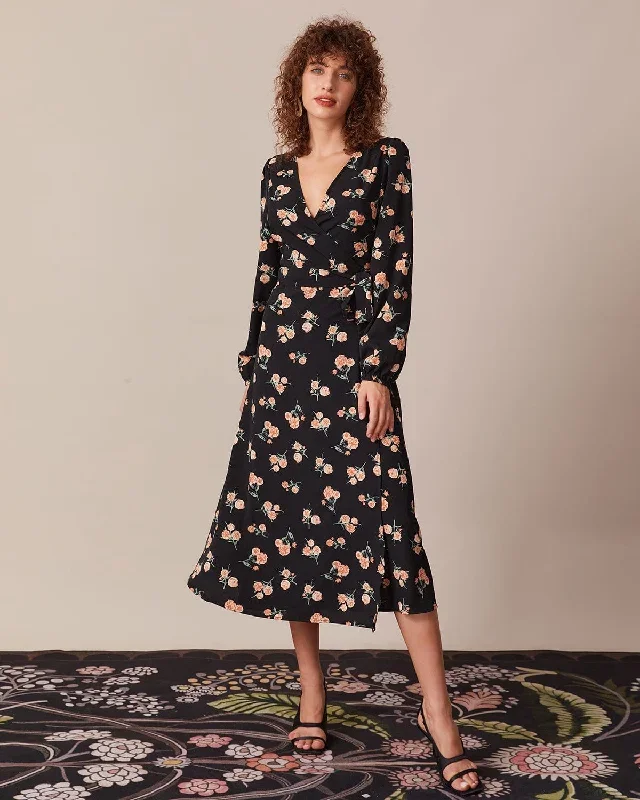 The Black V Neck Floral Wrap Midi Dress