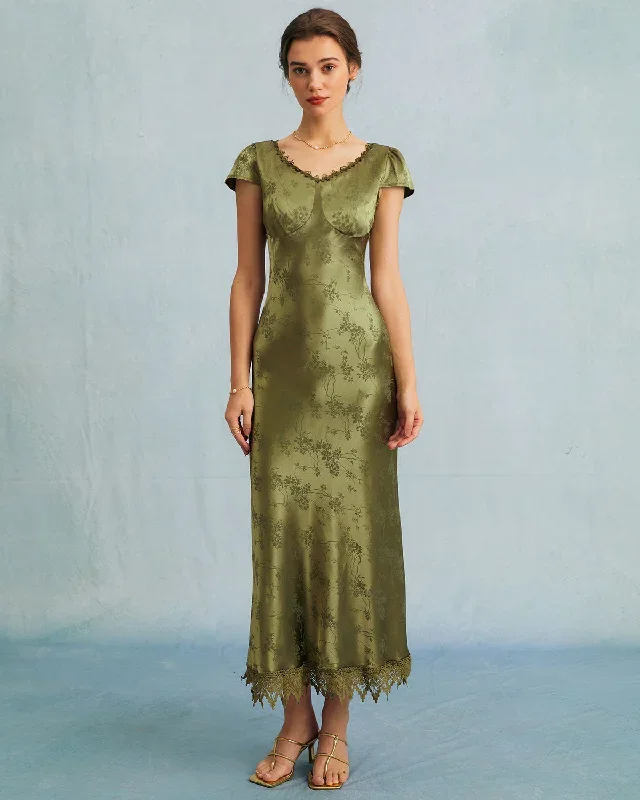 The Green Jacquard Cap Sleeve Satin Midi Dress