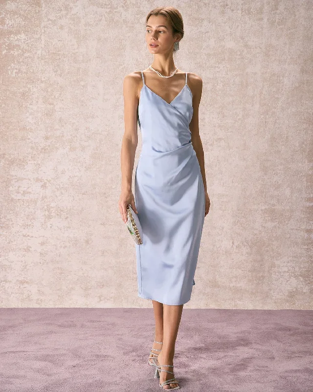 The Light Blue V Neck Satin Slip Midi Dress