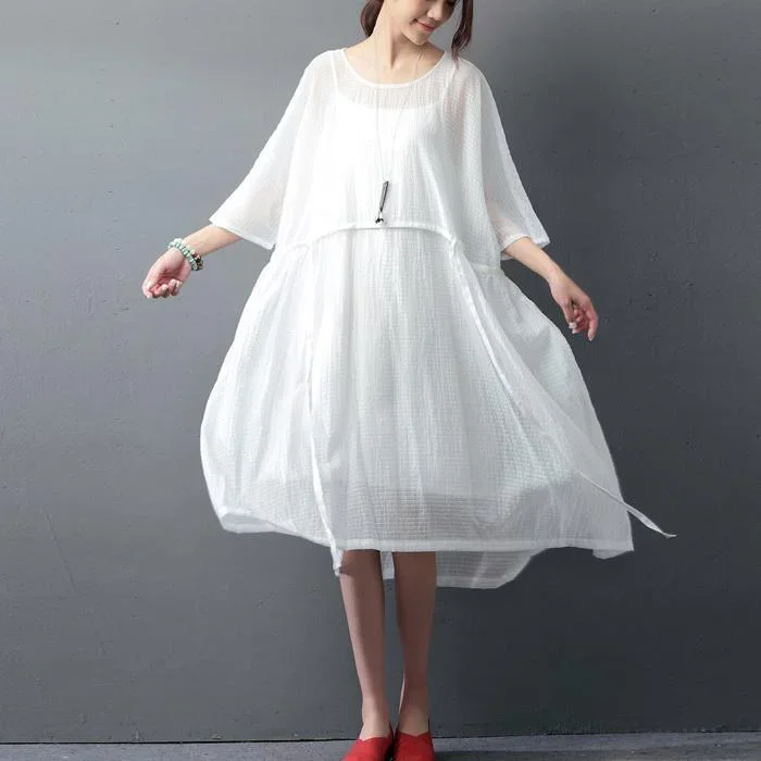 top quality white natural linen dress  trendy sleeveless plus size traveling clothing casual two pieces cotton dress