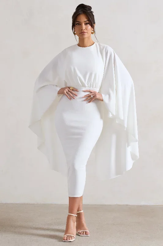 Tranquility | White Gathered Midi Dress With Cape