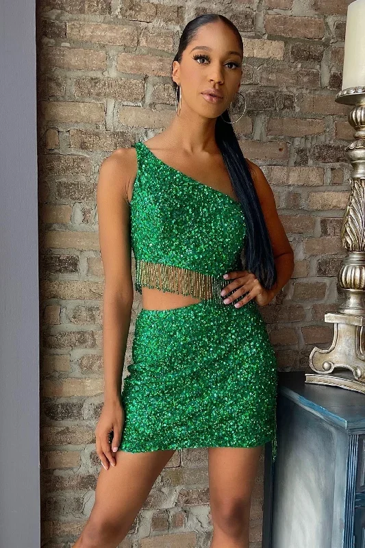 Two-Piece Green Sequin One-Shoulder Fringe Short Party Dress