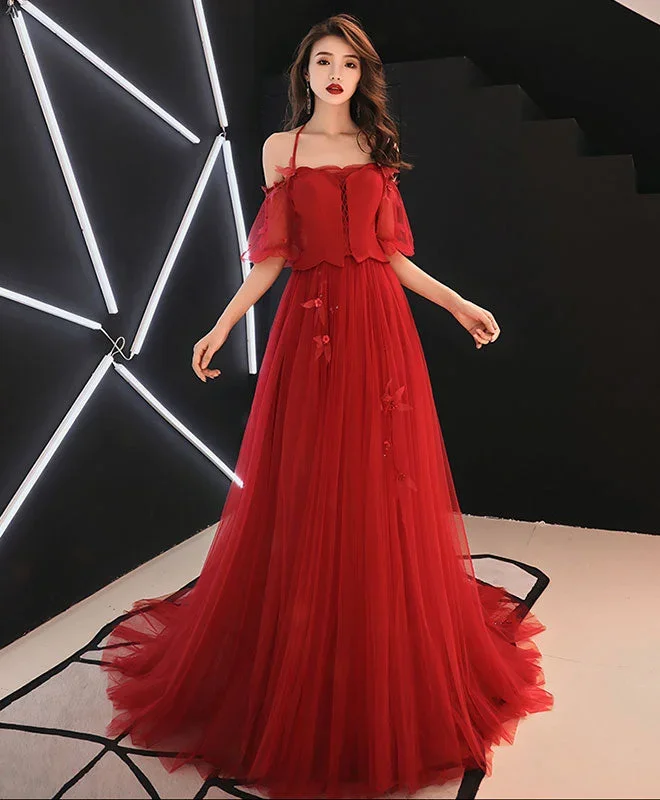 Unique Red Tulle Lace Long Prom Dress Tulle Red Evening Dress