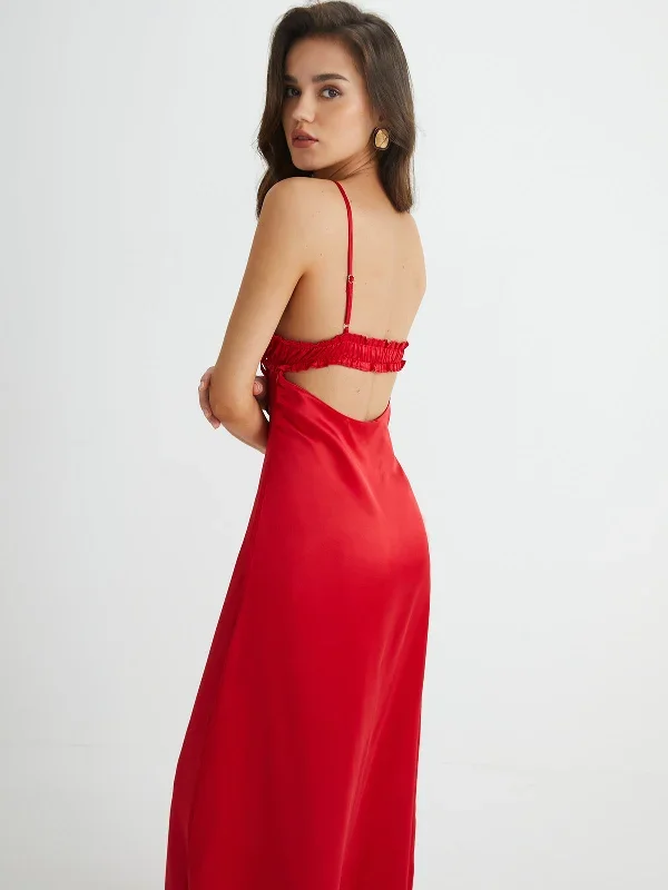 V-Neck Backless Tie Front Long Dress