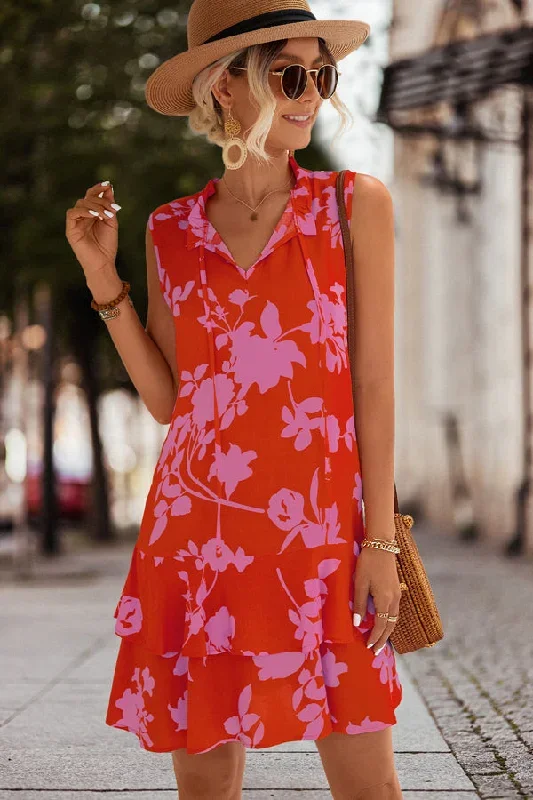 V Neck Floral Print Sleeveless Mini Dress