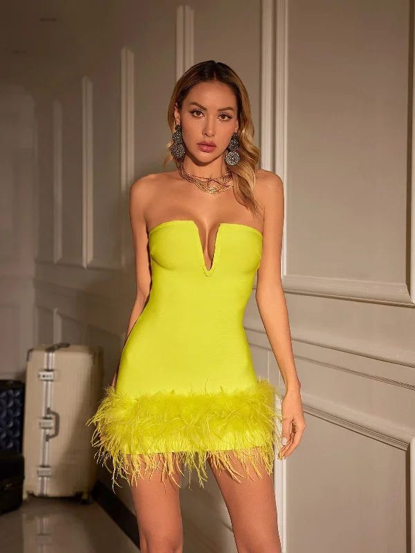 veer-strapless-feather-bandage-dress-in-yellow