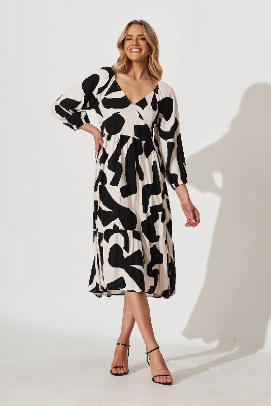 Vega Midi Dress In Cream And Black Geo Print Linen Blend