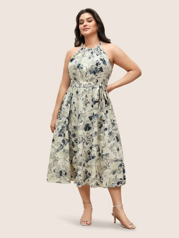 Watercolor Floral Halter Neck Belted Gathered Dress