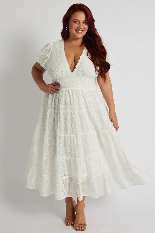 White Maxi Dress Short Sleeve Tiered Lace