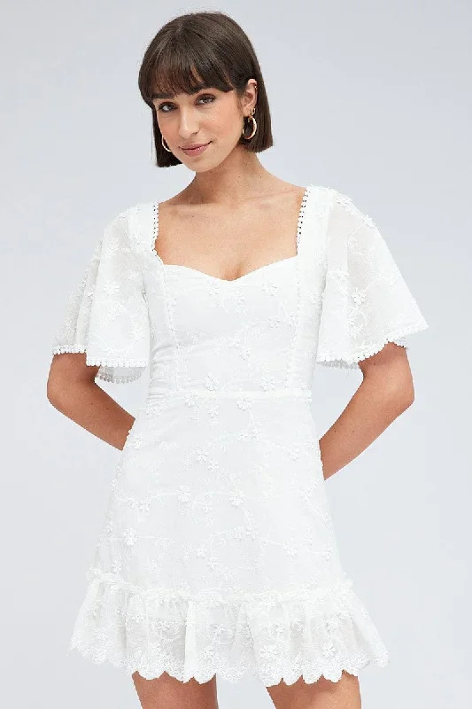 White Mini Dress Wing Sleeve Cotton Lace