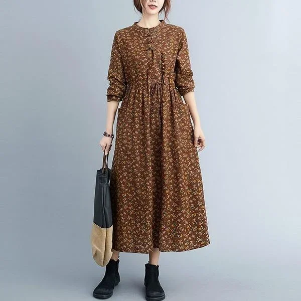 Women Cotton Linen Casual Long Dress  Vintage Floral Print Loose Ladies Elegant A-line Dresses