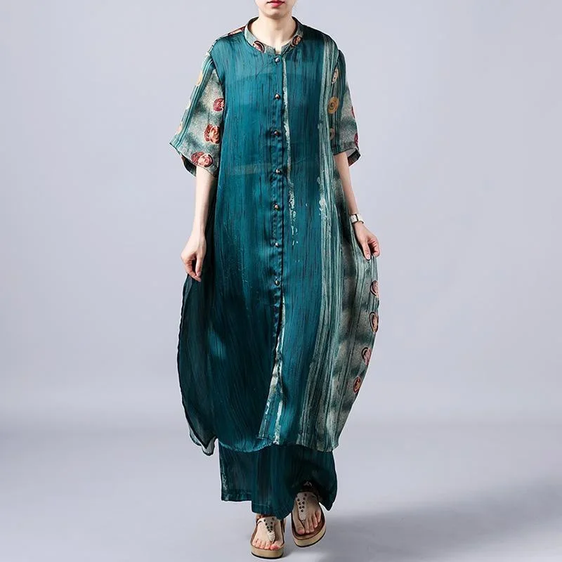 Women green dresses Omychic Print Short Sleeve Blouse And Wide Leg Pants