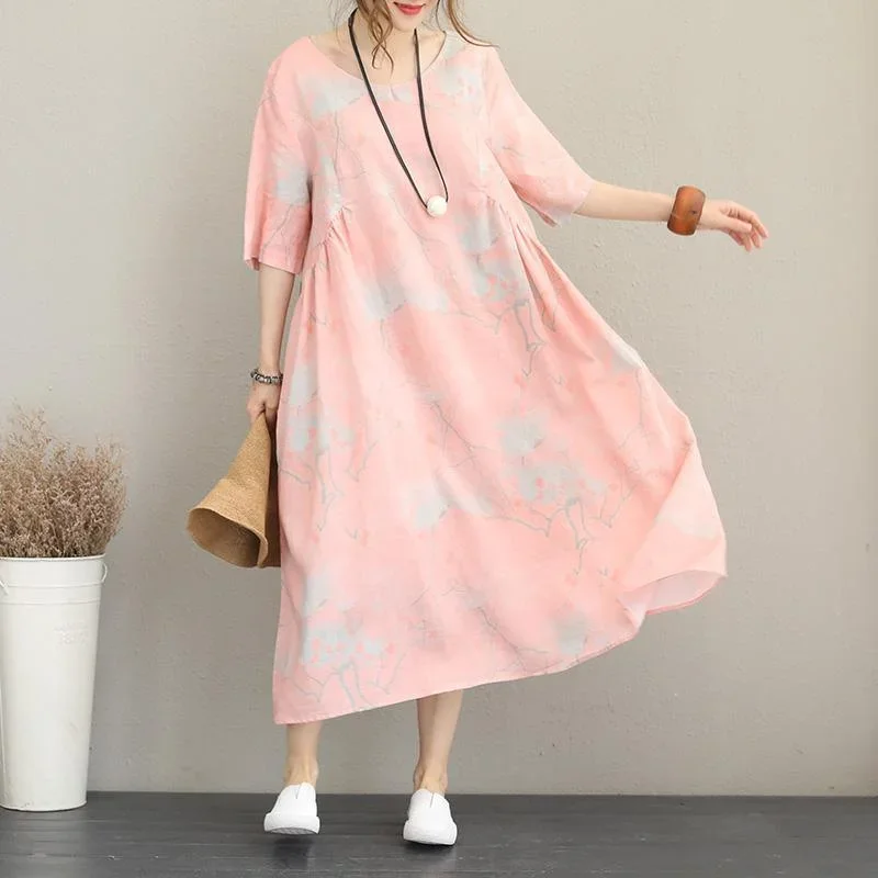 women pink print long silk linen dresses oversize o neck half sleeve silk linen gown 2024 baggy dresses