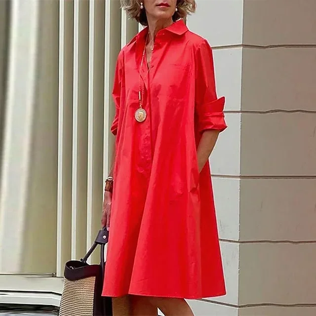 CityHottie - Women's Shirt Dress Casual Dress Shift Dress Midi Dress Outdoor Winter Dress Daily Polyester Elegant Casual Shirt Collar Pocket Rolled Cuff Long Sleeve Summer Winter Fall Spring 2024 Loose Fit Red