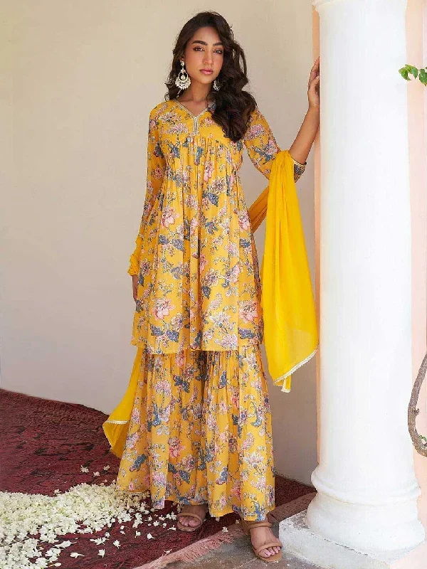 Yellow Georgette Digital Floral Printed Kurta with Sharara and Dupatta